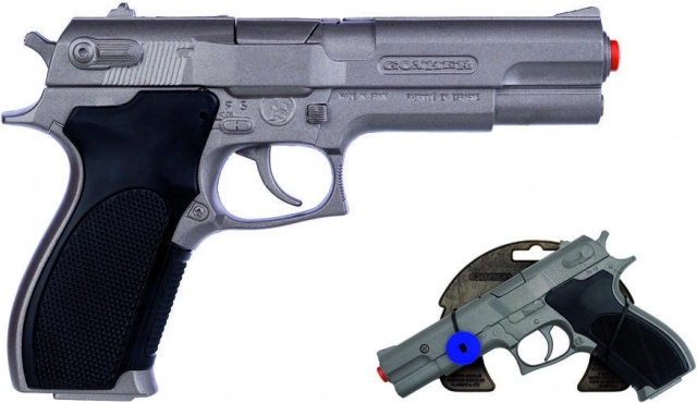 Policejní kovová pistole na kapsle, stříbrná matná, 8 ran