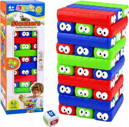 Rodinná zručnostní hra Stackers – věž z barevných kostek s očky (30 ks)