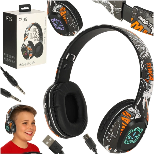 Bezdrátová Bluetooth sluchátka přes uši s RGB podsvícením černá
