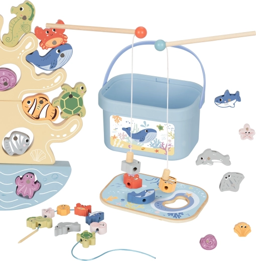 TOOKY TOY Dřevěná mořská sada na rybaření a balanční hru, 23 dílků
