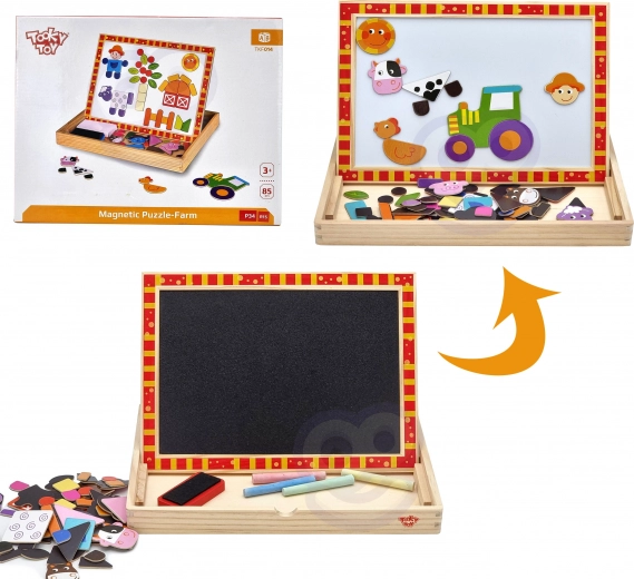 Dřevěná oboustranná tabule Tooky Toy Farma s magnetickými puzzly