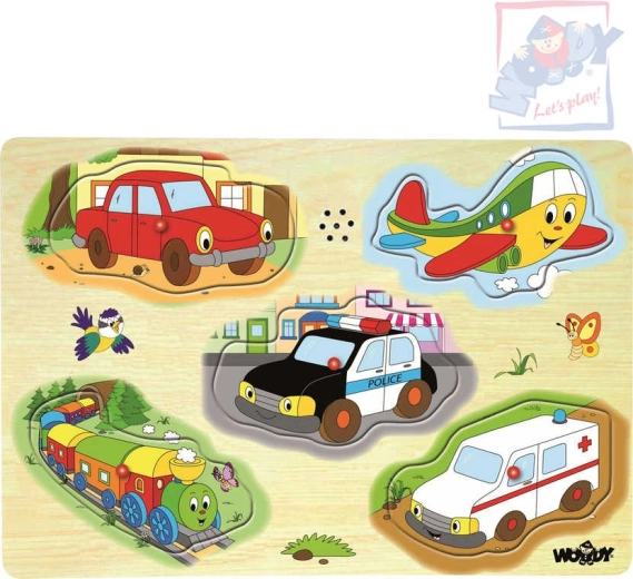 Woody dřevěné zvukové puzzle dopravní prostředky 5 dílků