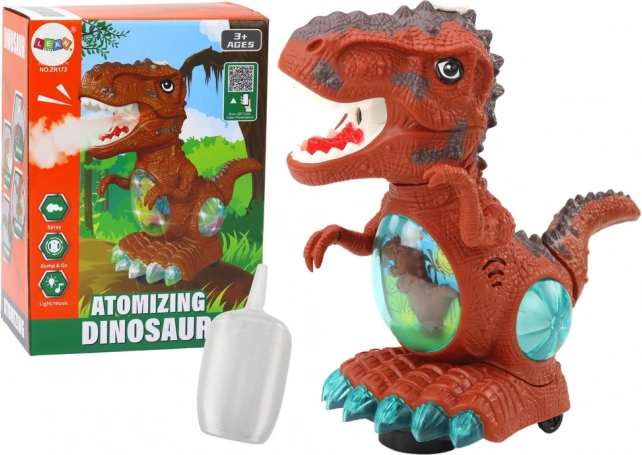 Tančící hnědý dinosaurus s čidlem překážek, světelnými a zvukovými efekty