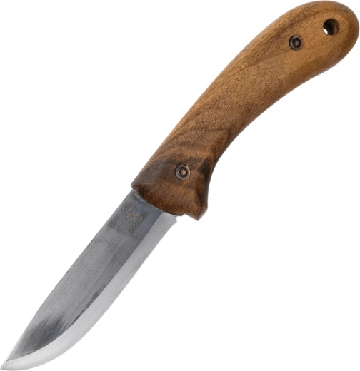 Bushcraft nůž z uhlíkové oceli s rukojetí z ořechového dřeva a koženým pouzdrem