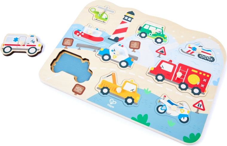 Dřevěné vkládací puzzle se záchrannými vozidly