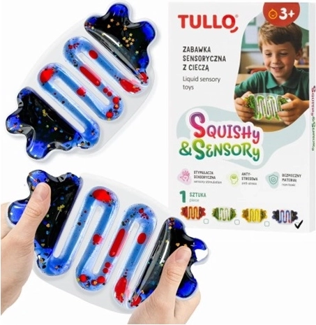 Senzorický mačkací antistresový míček s modrou tekutinou a třpytkami
