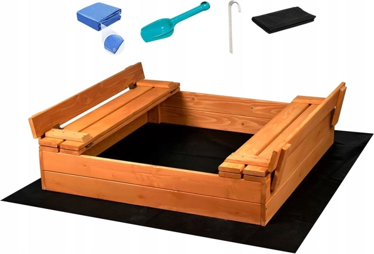 Dřevěné pískoviště s víkem a lavičkami BABY MIX 100 × 100 cm