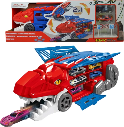 Transformující se dinosaurus 2v1 s garáží a katapultem