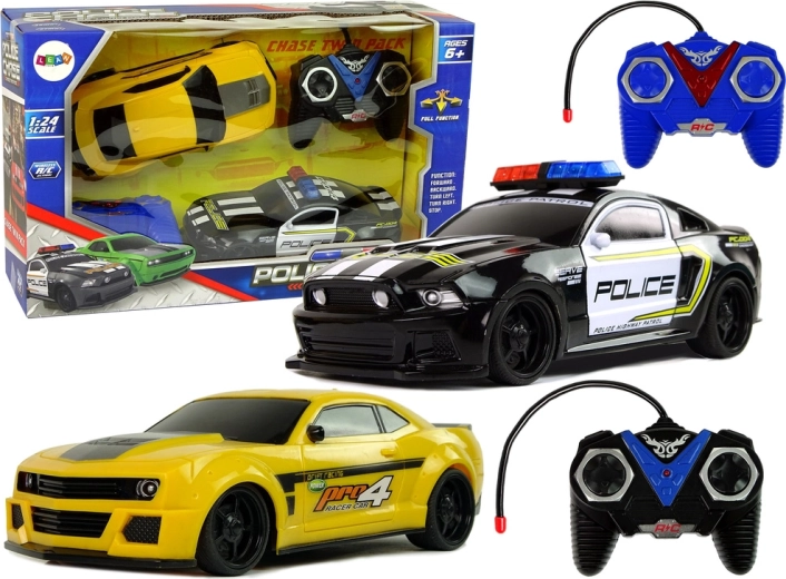 R/C sada autíček pro policejní honičku – policejní vůz a žluté sportovní auto se 2 ovladači