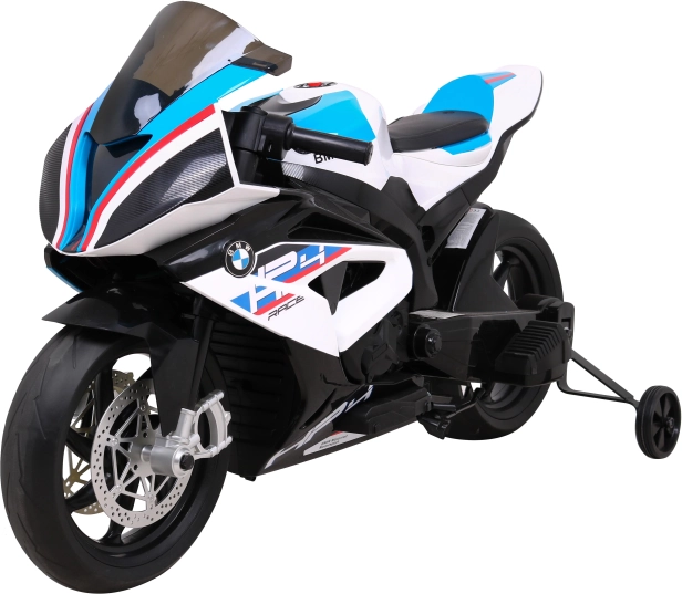 Dětská elektrická motorka BMW HP4, bílá, pomocná kolečka, pomalý start, kola EVA, MP3 a LED