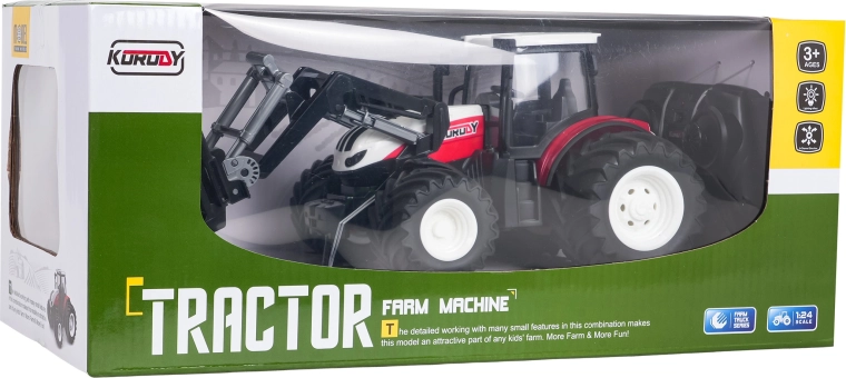 RC traktor s čelním nakladačem, červený 1:24