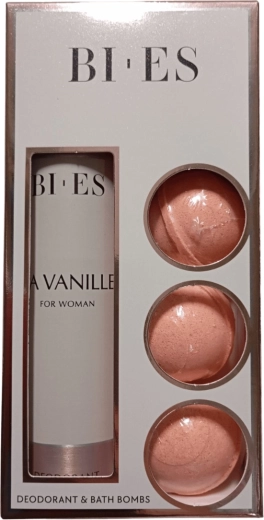 Dárková sada BI-ES La Vanille pro ženy – 3x šumivá bomba do koupele + deodorant ve spreji