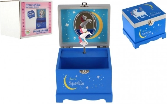 Hrací dřevěná šperkovnice s jednorožcem Born to Sparkle – modrá