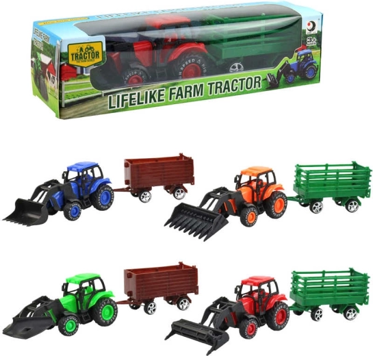 Farmářský traktor s čelním nakladačem a vlečkou 9 cm v krabičce - 1 kus