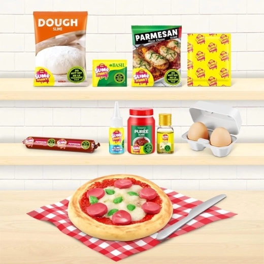 Realistické vrstvení pizzy z různých „ingrediencí“