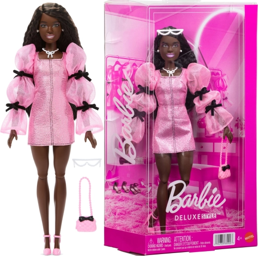 Mattel Barbie deluxe style módní panenka v růžovo-černém outfitu s doplňky