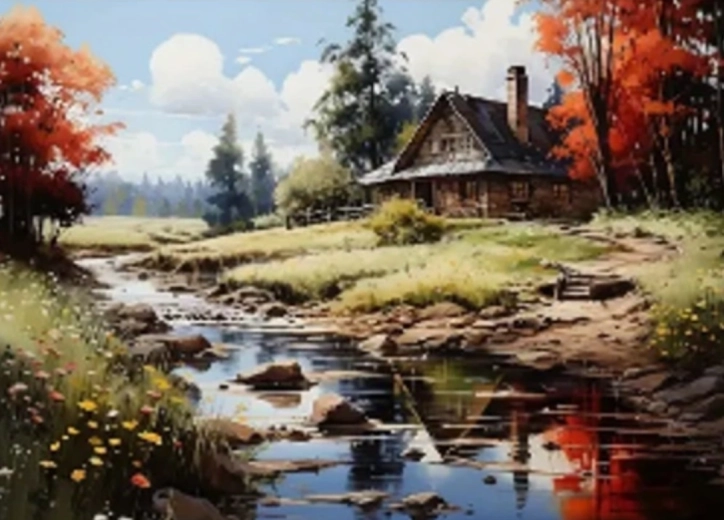 Malování podle čísel – chata u řeky 40 × 50 cm