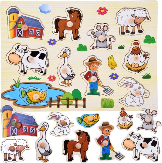 Dřevěné vkládací puzzle farma s úchyty (10 dílků)