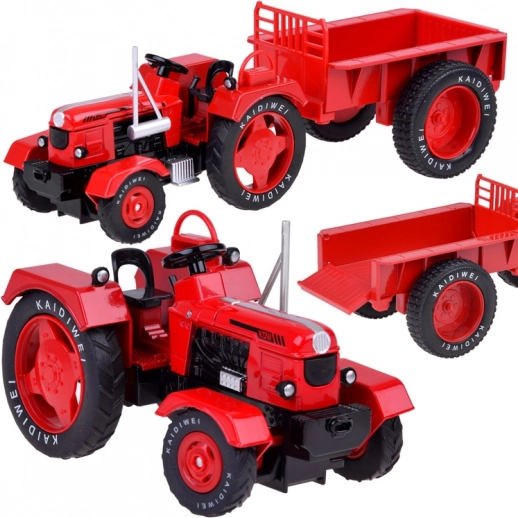 kovový červený traktor s přívěsem 1:18 s gumovými koly