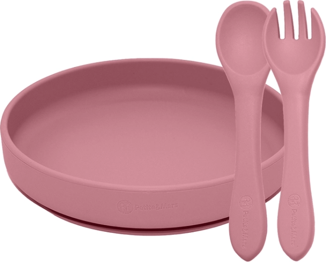 Jídelní silikonový set Petite&Mars Take&Match – talíř s přísavkou a příbor dusty rose (6m+)