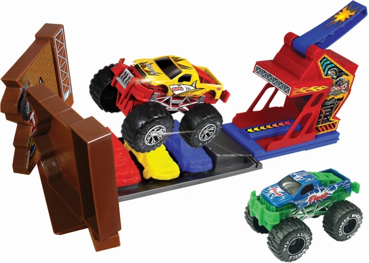 Auta monster truck kaskadérská dráha se 2 kovovými auty
