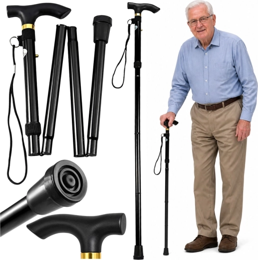 Skládací teleskopická hůl na chození pro seniory, černá 85–95 cm