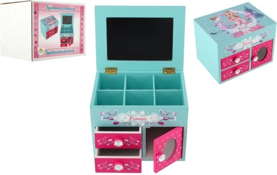 dřevěná šperkovnice Princess se zrcátkem a 3 zásuvkami