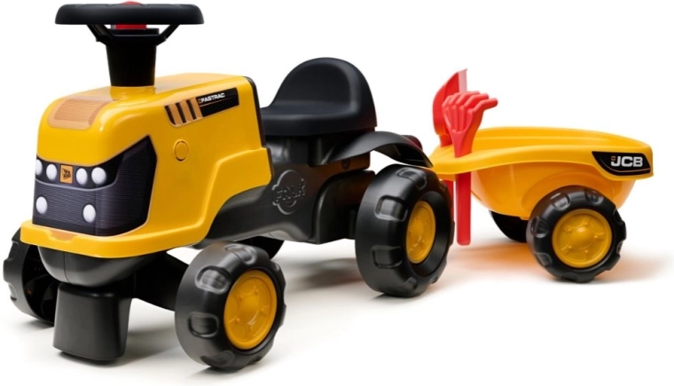 Odrážedlo traktor JCB Fastrac s přívěsem, lopatkou a hráběmi 1–3 roky