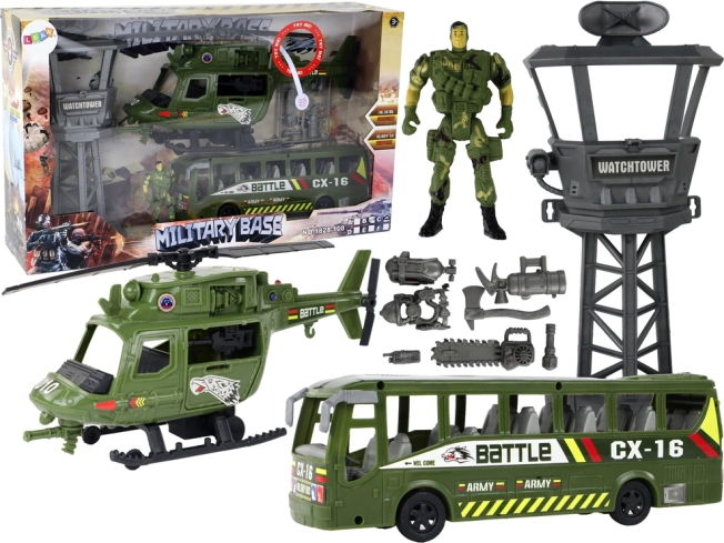 Vojenský set s helikoptérou, bojovým vozem, kontrolní věží a figurkou vojáka