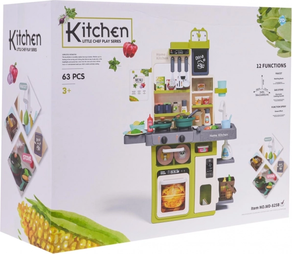 Dětská kuchyňka se světly, zvuky a parou, 63 dílů – zelená