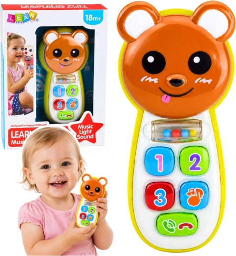 Interaktivní dětský telefon medvídek se zrcátkem, chrastítkem, světly a zvuky