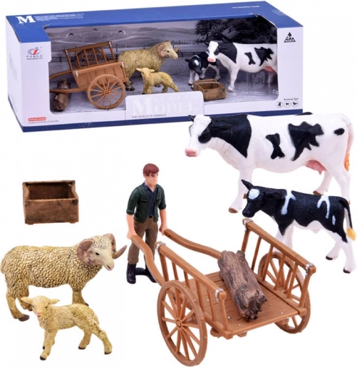 Sada figurek farma – kráva, tele, beran, ovečka a farmář se zvířecí ohradou – C