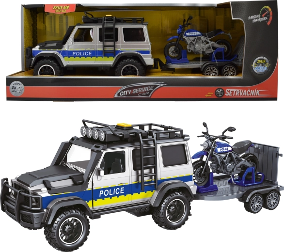 Policejní auto s přívěsem a motorkou 1:14 se zvuky a světly