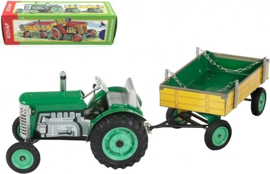 Zelený traktor Zetor s valníkem a pérovým strojkem Kovap