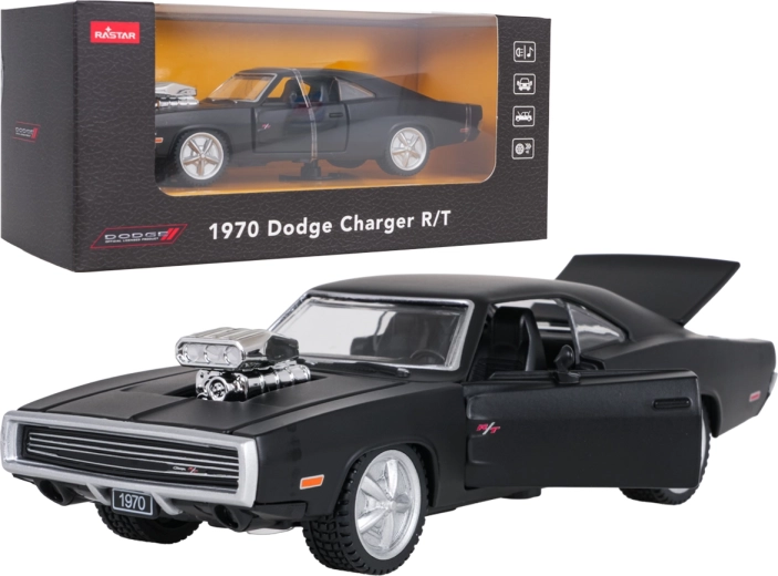 Kovový model auta 1970 Dodge Charger R/T černý v měřítku 1:36 RASTAR