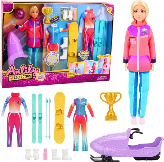 Anlily collection sportovní panenka se zimní výbavou (lyže, snowboard a sněžný skútr) 30 cm