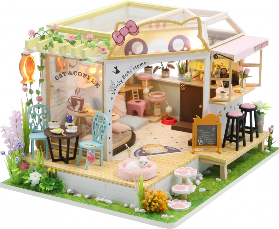 Miniaturní domeček Kočičí kavárna se zahrádkou – DIY stavebnice s LED