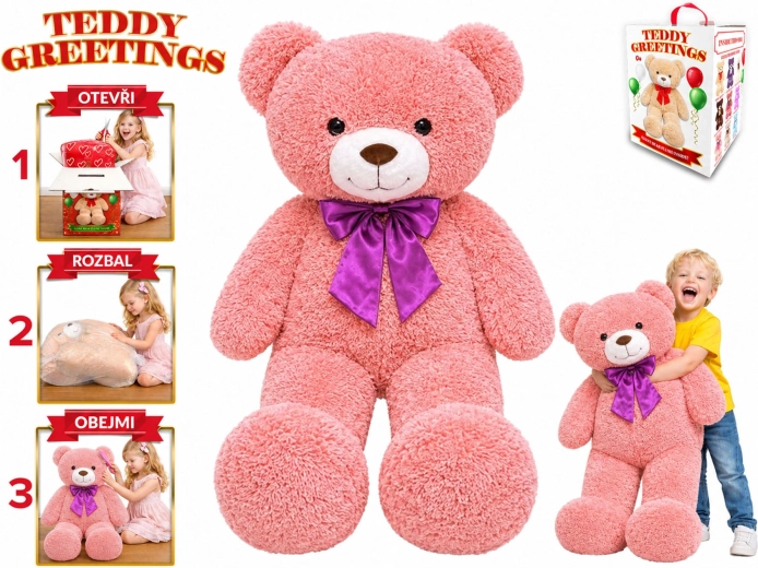 Teddy Greetings plyšový medvěd s mašlí 120 cm růžový - 1 kus