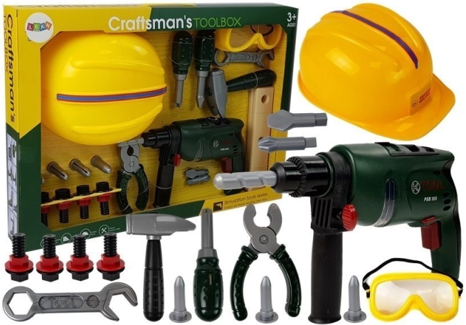 Sada dětských dílenských nástrojů s vrtačkou, ochrannými brýlemi a helmou