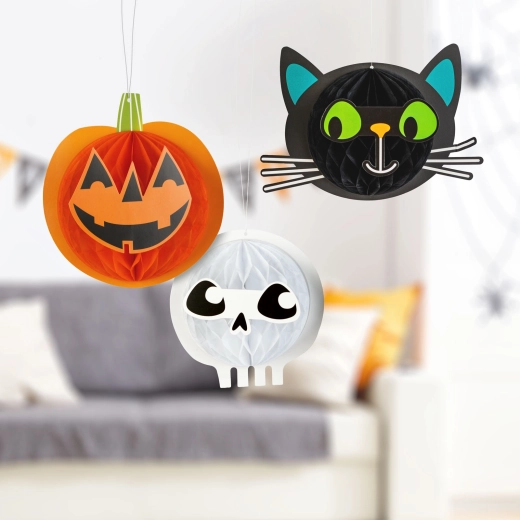 Halloweenská papírová sada závěsných lampionů s dýní, kočkou a lebkou