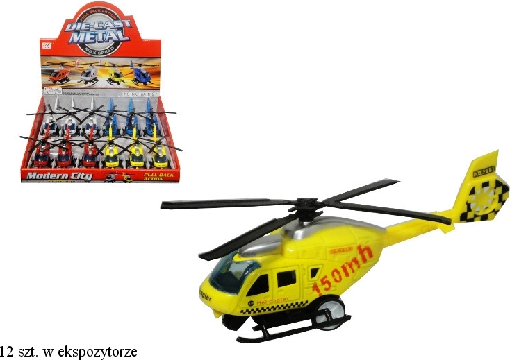 Kovovo‑plastový záchranářský vrtulník s natahovacím pohonem