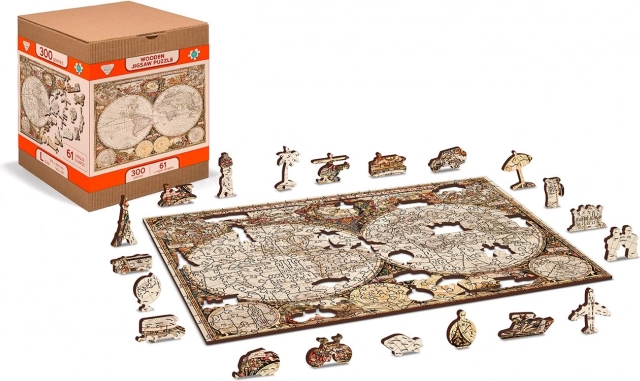 Dřevěné oboustranné puzzle ANTICKÁ MAPA SVĚTA 2v1, 75 dílků