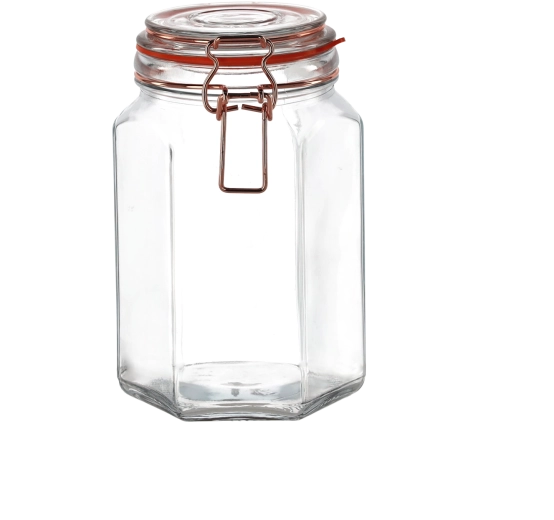 Šestihranná skleněná dóza s pákovým uzávěrem 1,3 l