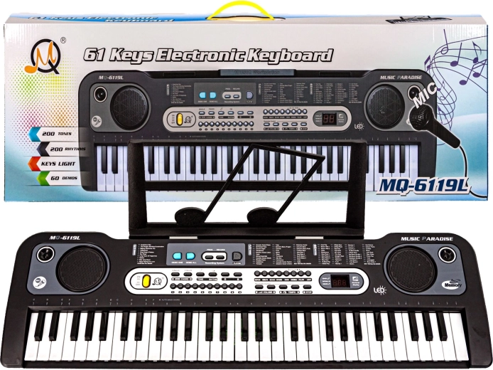 Dětský elektronický keyboard s podsvícenými klávesami, mikrofonem a stojánkem na noty