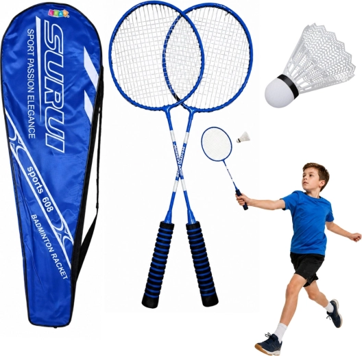 Sada na badminton – 2 rakety, plastový košíček a pouzdro (modrá)