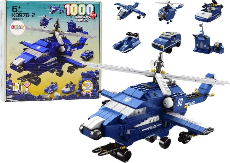 Stavebnice policejní helikoptéry 6v1, modrá, 1000 dílků
