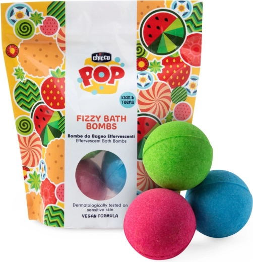 Chicco POP šumivé koupelové bomby pro děti a teenagery 3 ks