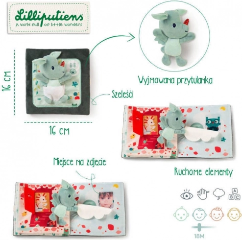 Textilní knížka s mini mazlíčkem puk, puk – dráček JOE od LILLIPUTIENS, 18 m+