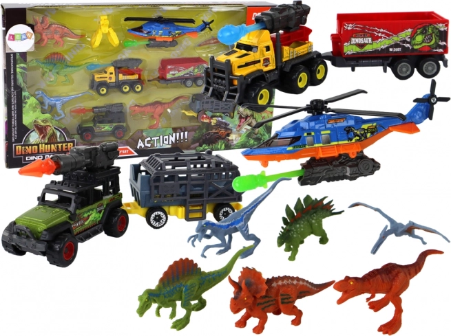 sada hraček dinosauři s vozidly a vrtulníkem, 6 kusů