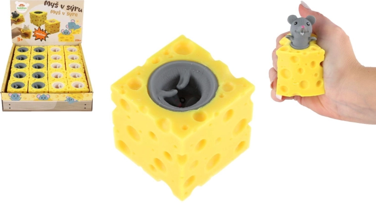 Mačkací antistresová hračka Myška v sýru, 2 barvy